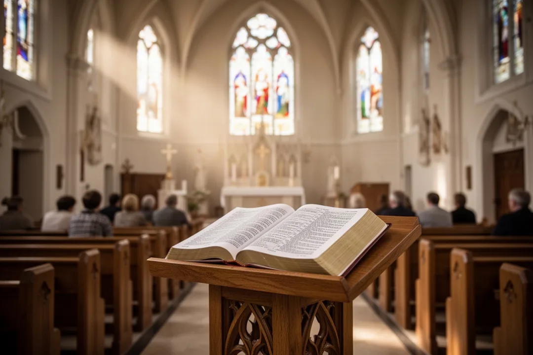 Open Bible in a quiet Catholic church during morning light