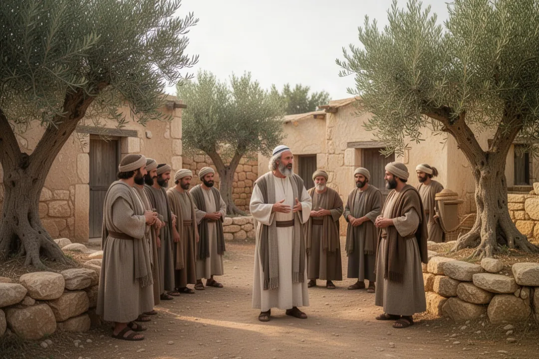 Jesus teaching villagers in a first-century Galilean setting