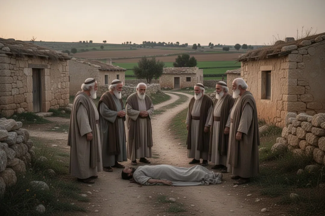 Ancient Israelite elders addressing an unsolved death near a village