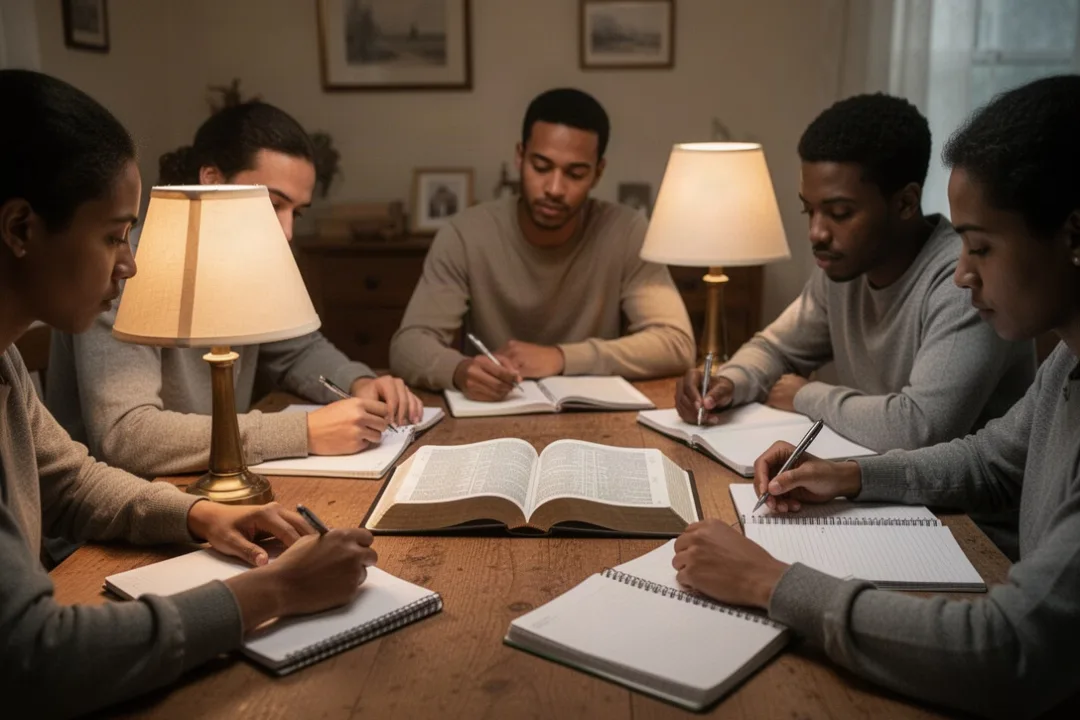 Diverse Christians studying the Bible together around a table