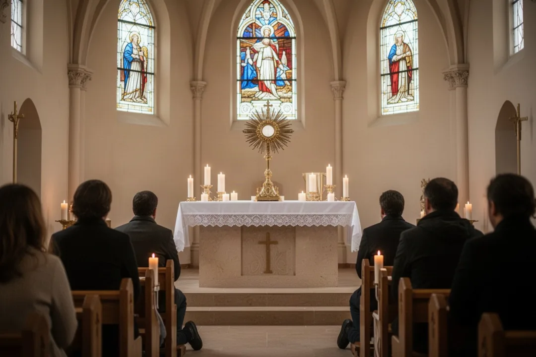 Catholic worshipers praying during Eucharistic adoration before a monstrance