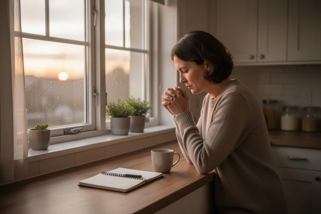 Person praying quietly by a kitchen window at dawn
