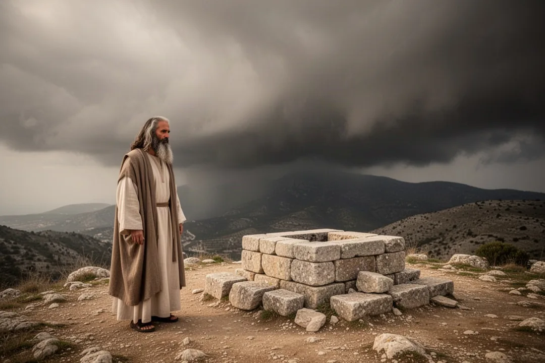 Elijah standing beside the altar on Mount Carmel before the rain