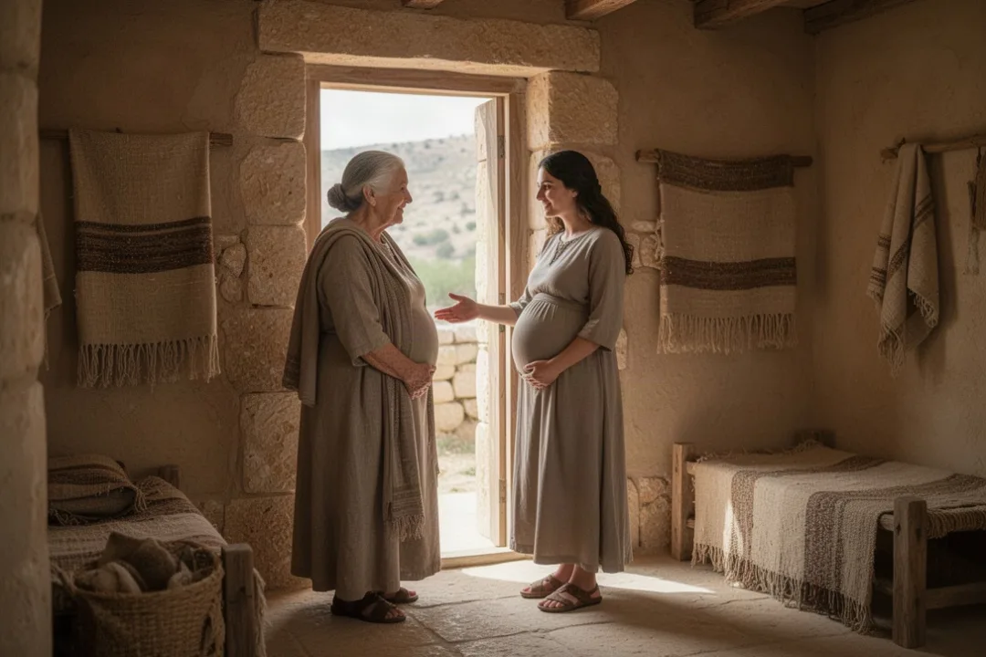 Elizabeth welcoming Mary in a first-century Judean home