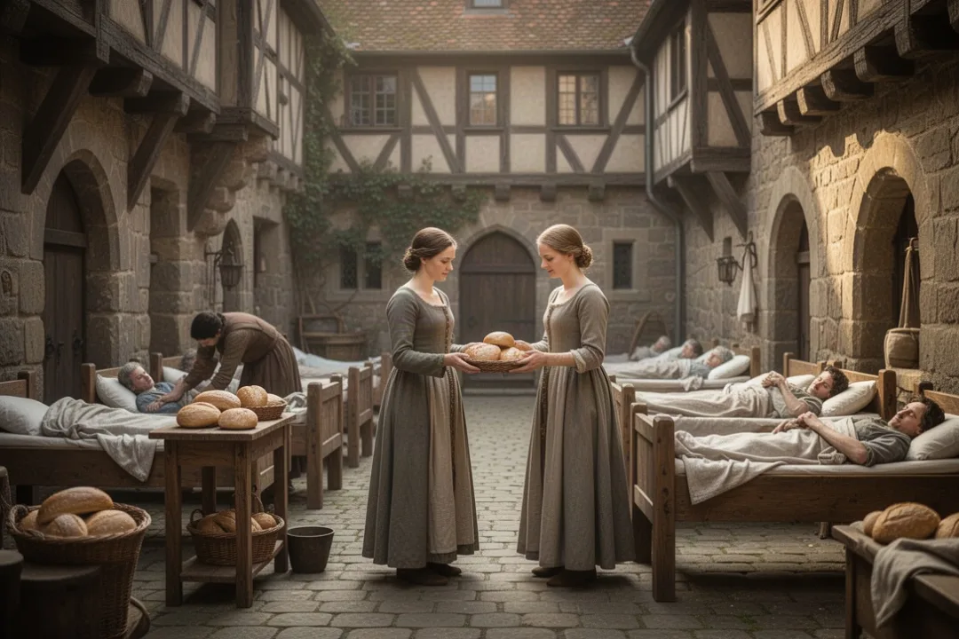 Elizabeth of Hungary serving patients at a medieval hospital