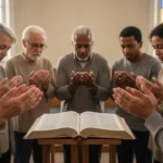 Church group praying together around an open Bible