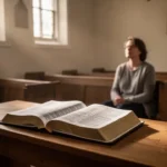 Open Bible and person reflecting in a softly lit church room