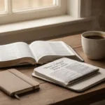 Open Bible and journal beside a window during quiet prayer