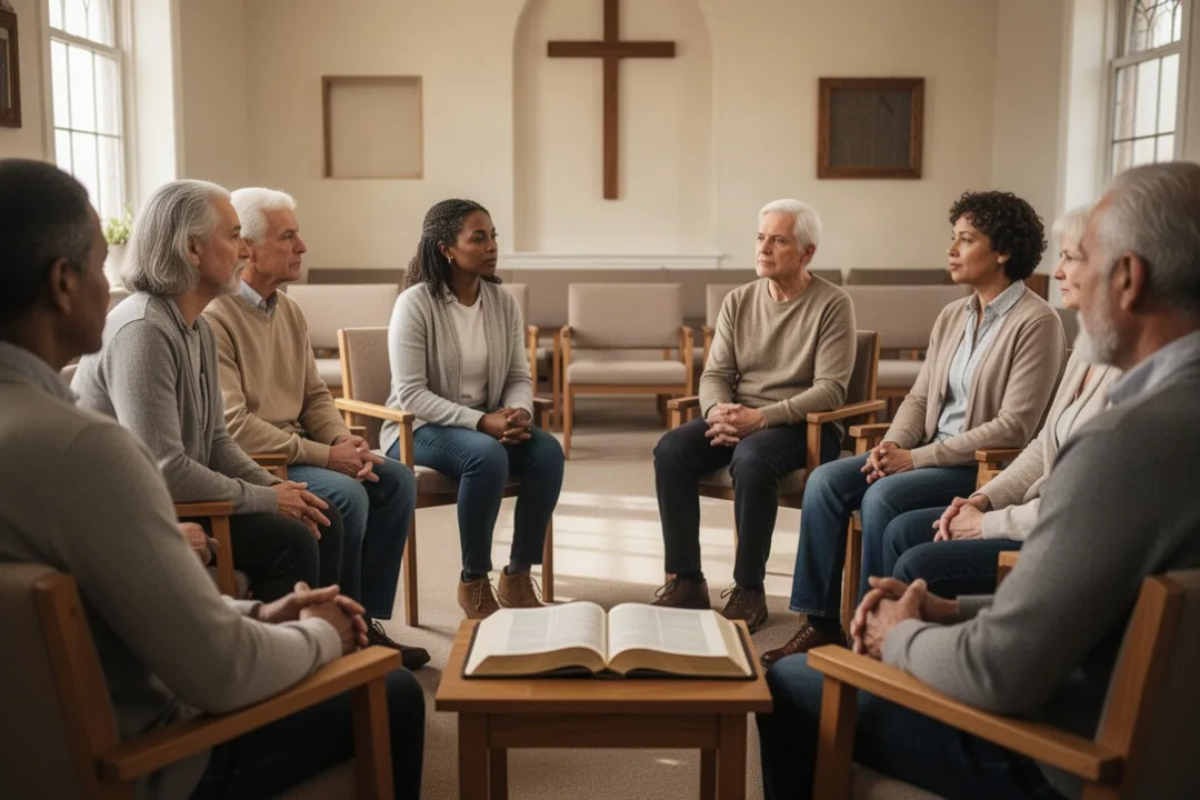 Diverse Christians practicing patient, respectful conversation in a church fellowship room