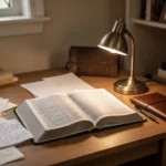 Open Bible and journal illuminated by a warm lamp in a quiet study