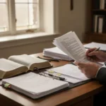 Open Bible and documents in a softly lit church office