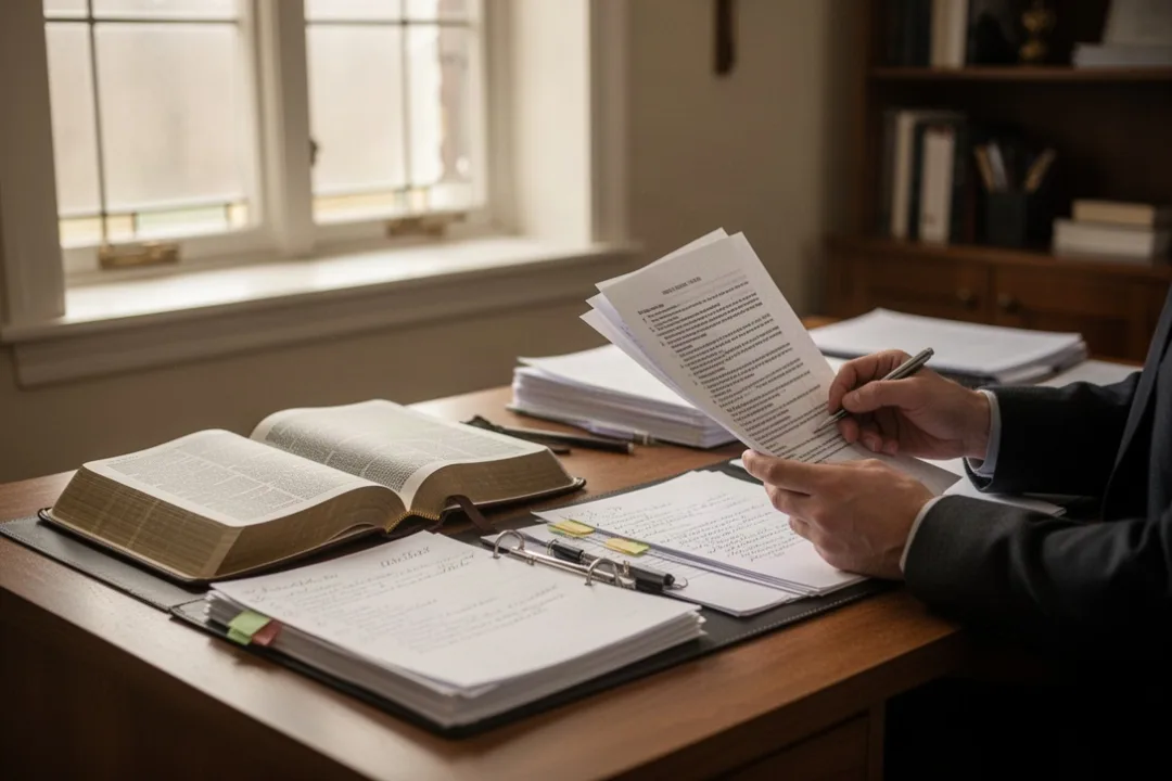 Open Bible and documents in a softly lit church office