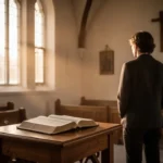 Sunlight illuminating an open Bible in a quiet church room