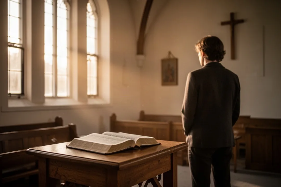 Sunlight illuminating an open Bible in a quiet church room