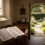 Open Bible and sunlit pathway symbolizing movement from darkness into light
