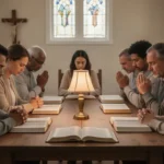 Church group praying together with open Bibles and warm lamplight