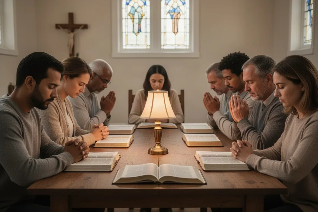 Church group praying together with open Bibles and warm lamplight