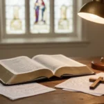 Open Bible and study materials beside a warm lamp