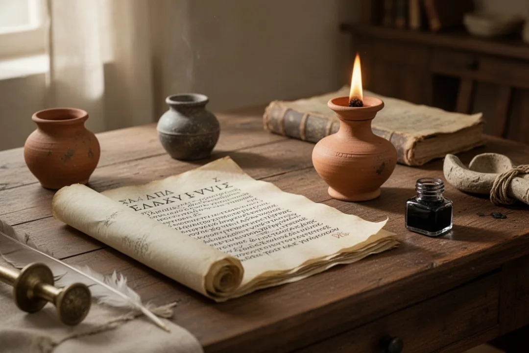 Ancient manuscript study scene representing the Epistle of Diognetus