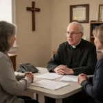 Exorcism in the Catholic Church: process and purpose Priest discussing pastoral and medical support with a distressed visitor