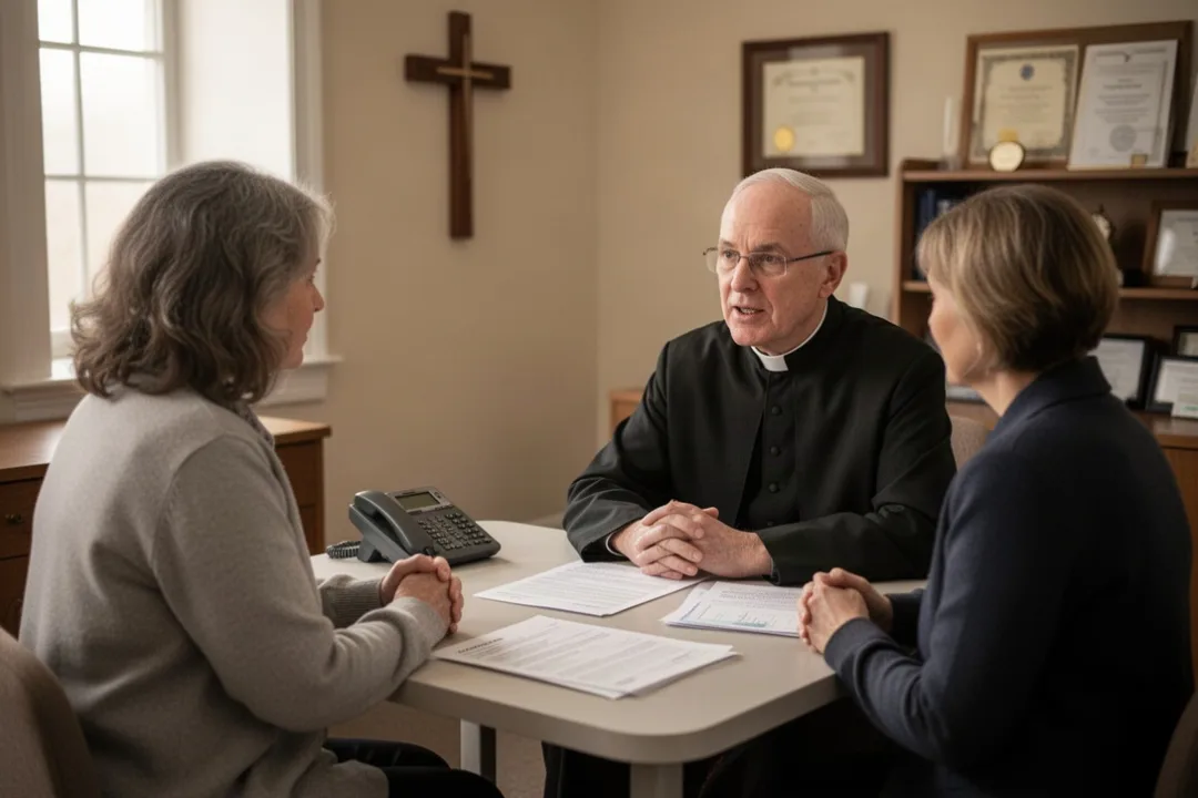 Priest discussing pastoral and medical support with a distressed visitor