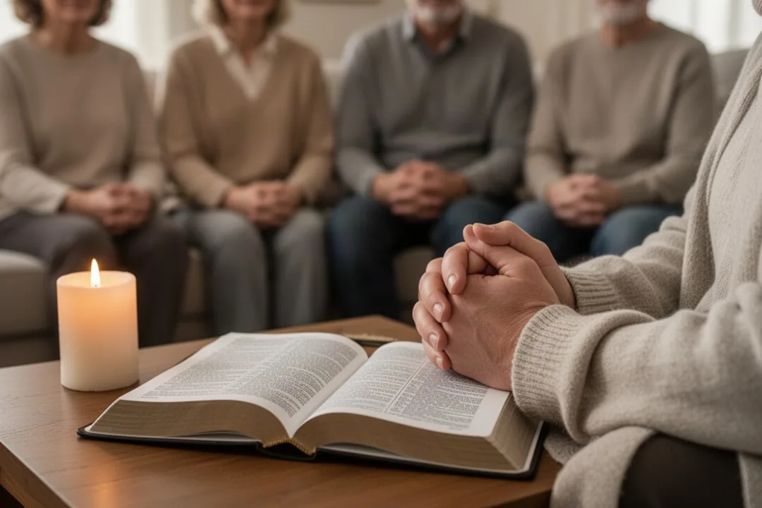 Family praying calmly together in a peaceful home setting