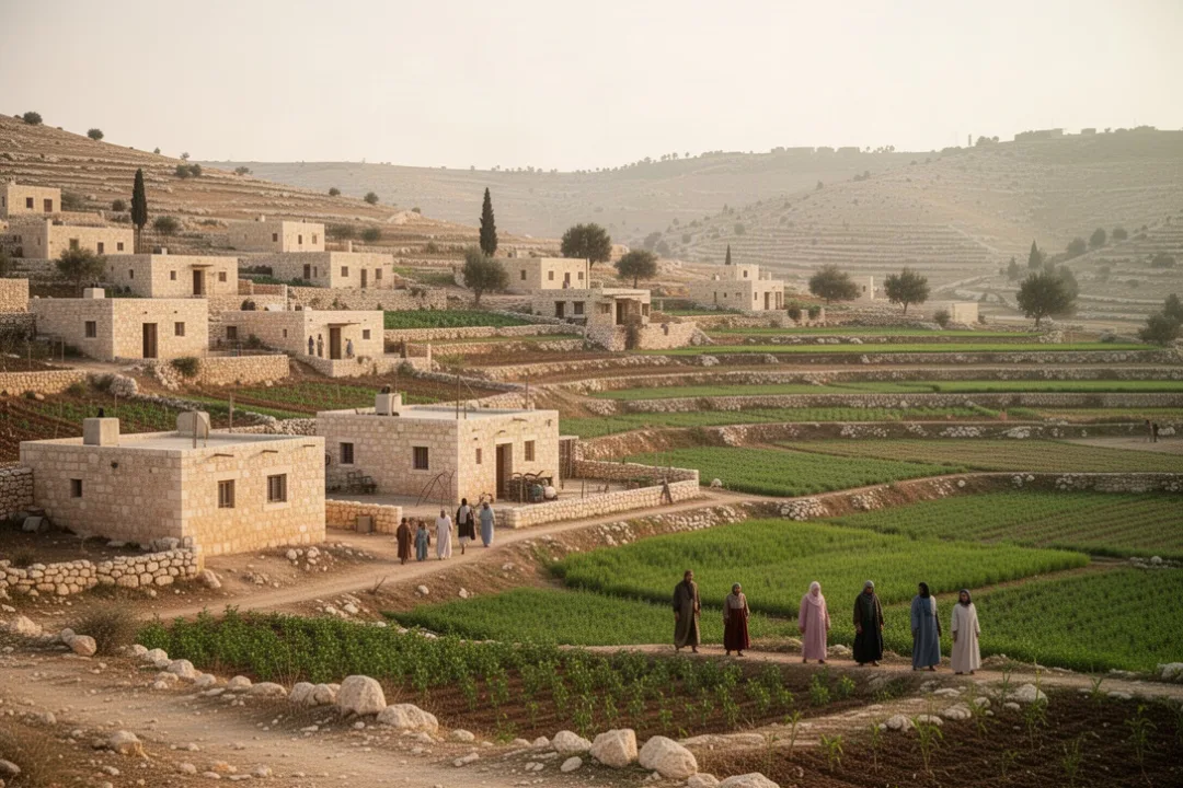 Restored Judean landscape with green fields and rebuilt homes