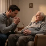 Adult son praying quietly beside his elderly father at home