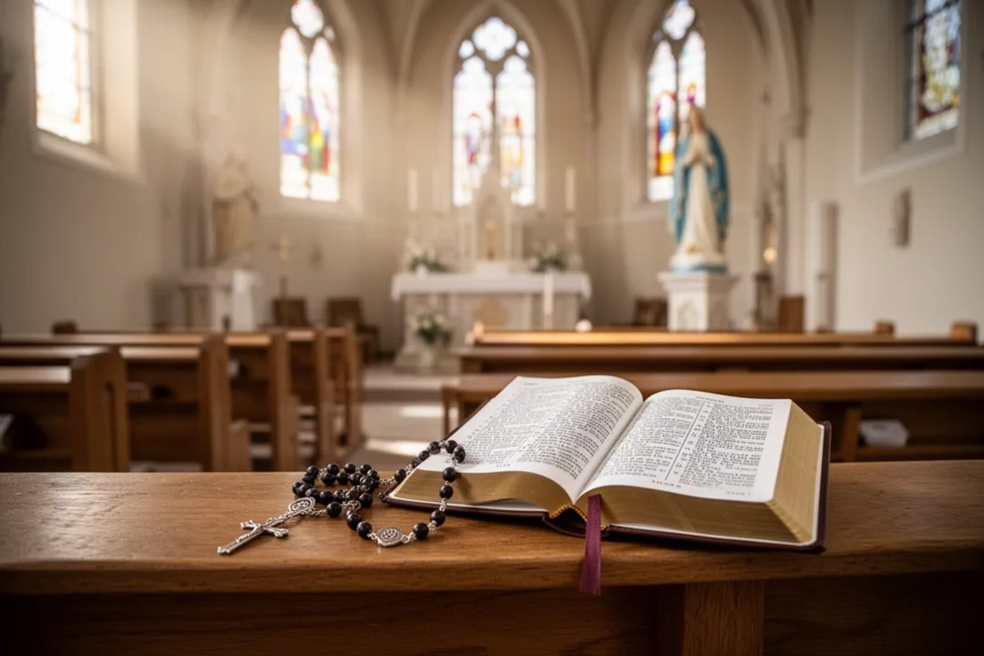 Rosary and prayer book resting on a sunlit church pew