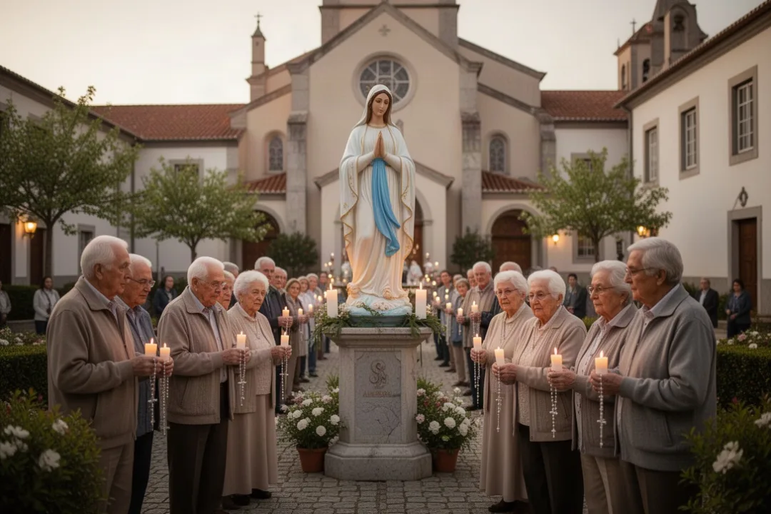 Parishioners pray around a Marian statue during a Fatima feast procession