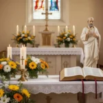 Catholic parish sanctuary prepared for a June saints’ feast