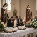 Parishioners pray before a St. Catherine of Siena altar