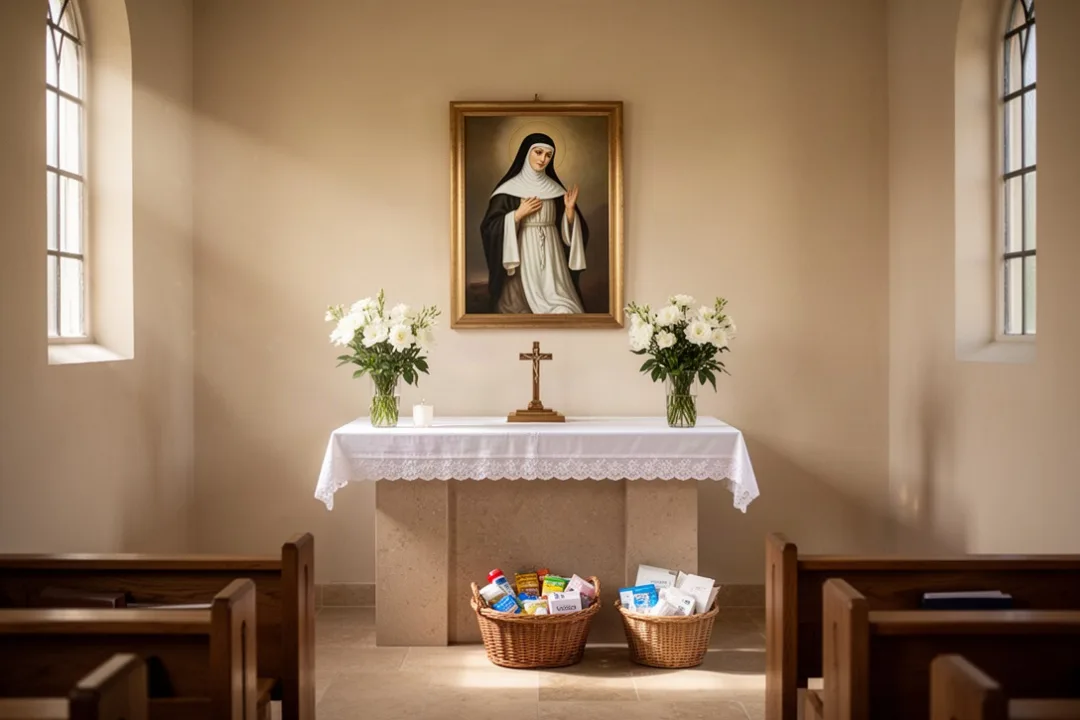 Chapel prepared for the Feast of St. Clare with flowers and donations