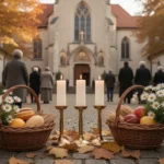 Autumn church courtyard prepared for the Feast of the Archangels