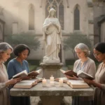Women studying female Catholic saints in a peaceful church courtyard