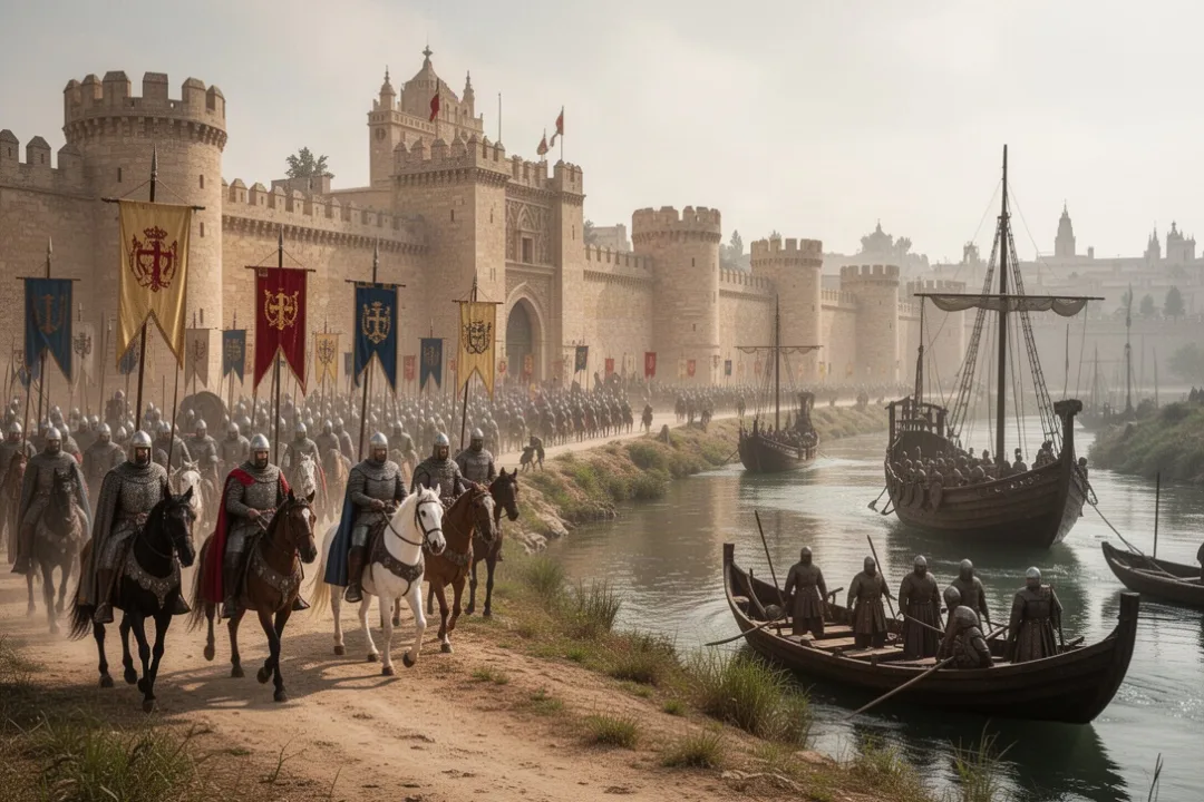 Ferdinand III’s forces approaching medieval Seville during the 1248 conquest