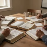 Group Bible study materials arranged around an open Bible