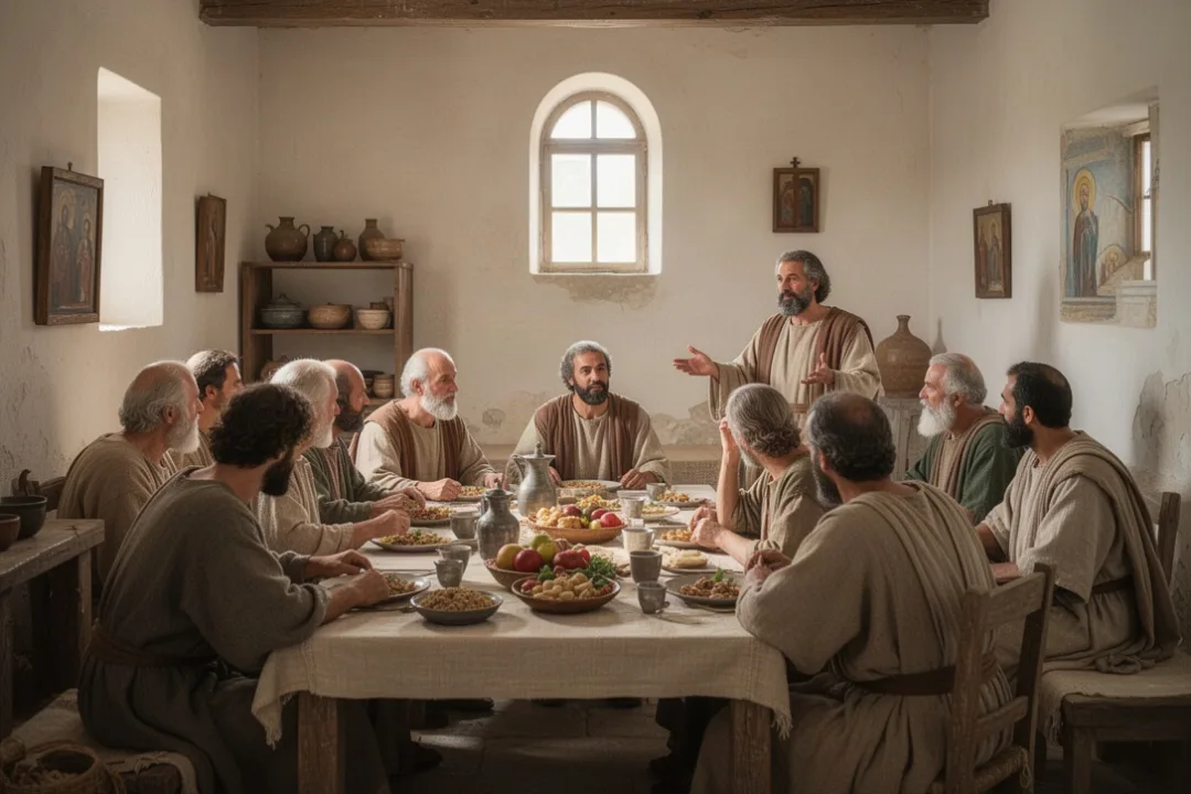 Early Christian gathering in a Corinthian home during communal worship