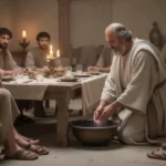 Jesus washing a disciple’s feet beside a basin during a shared meal