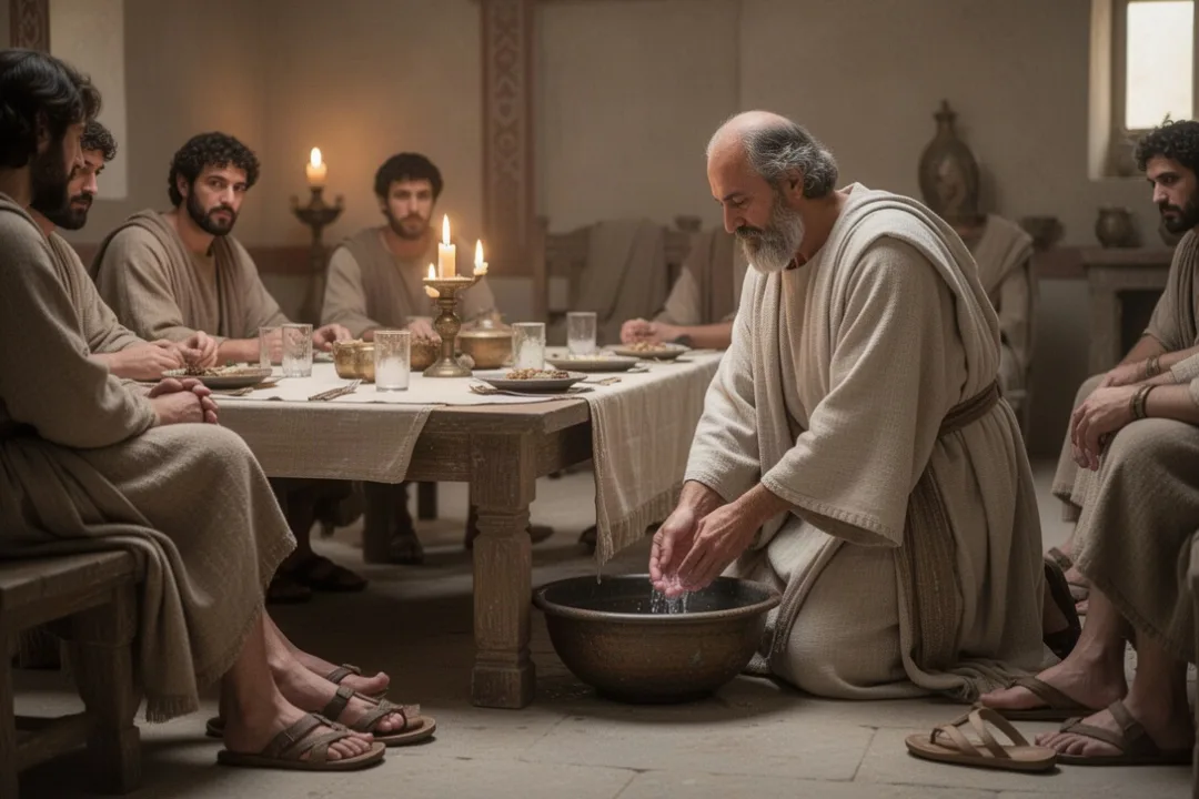 Jesus washing a disciple’s feet beside a basin during a shared meal