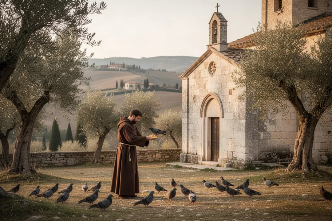 Franciscan friar feeding birds beside a stone chapel near Assisi