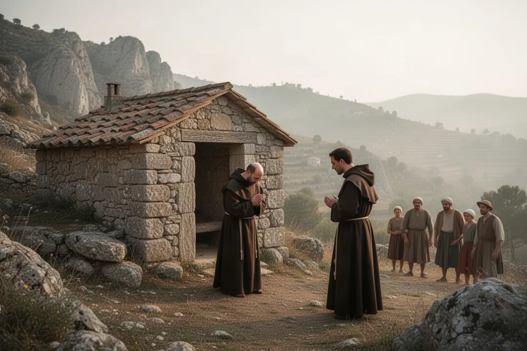 Francis of Paola praying near his humble hermitage in Calabria