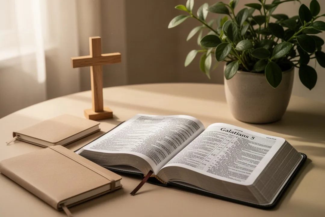 Open Bible, journal, cross, and leafy plant representing spiritual growth