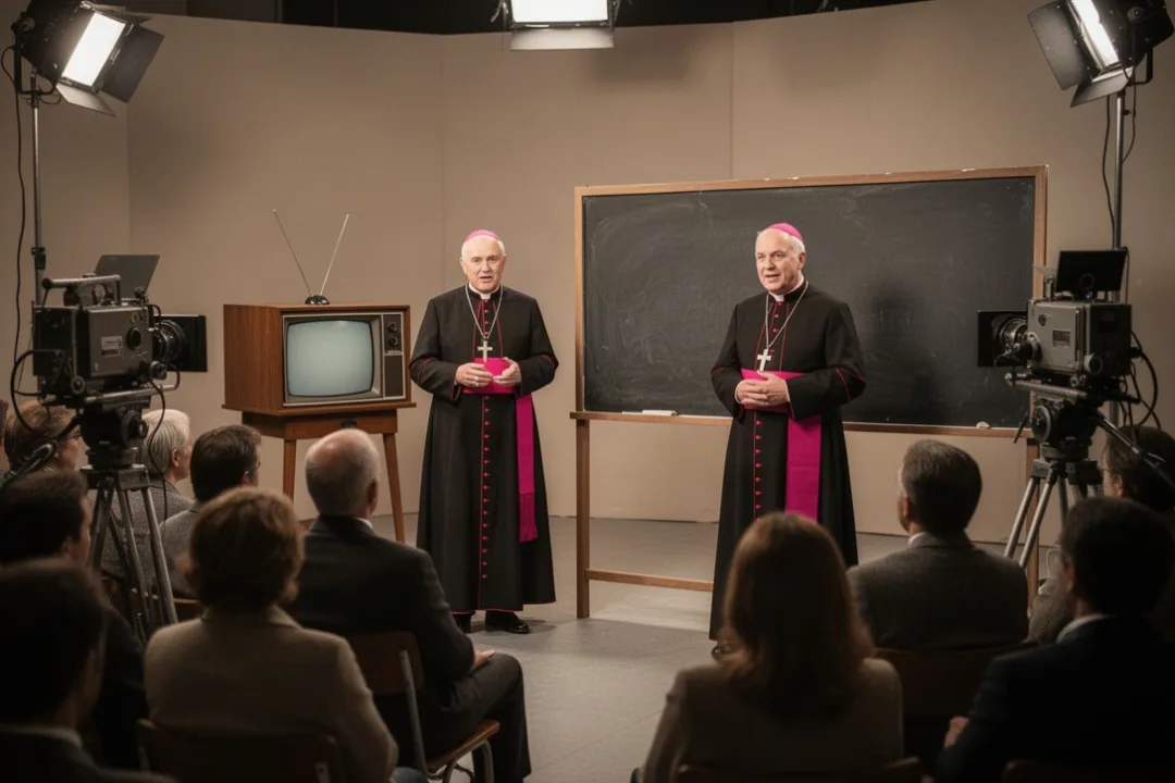 Fulton Sheen speaking beside a chalkboard during a television broadcast