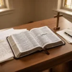 Open Bible and study notes representing freedom through Christ