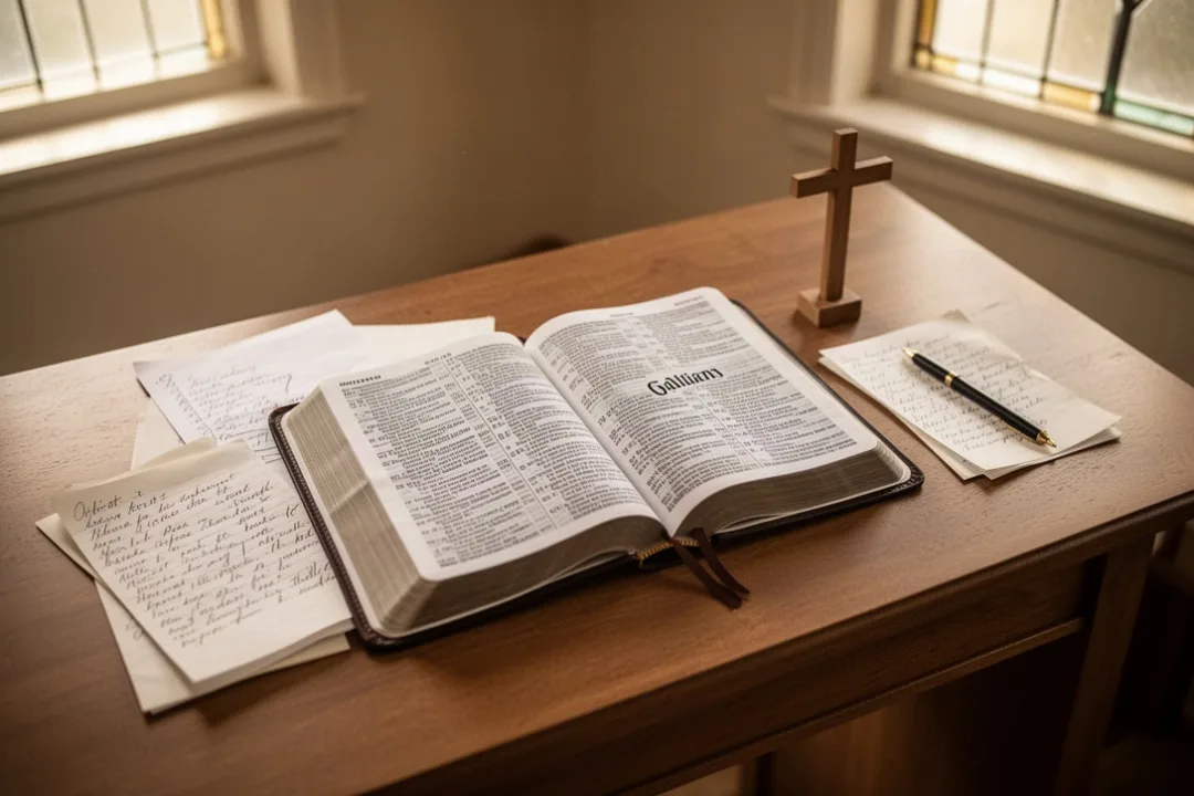 Open Bible and study notes representing freedom through Christ