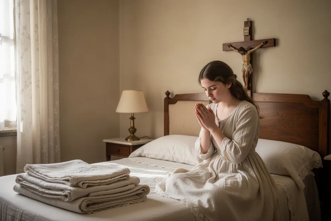 Saint Gemma Galgani praying quietly in a modest Lucca bedroom
