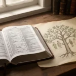 Genealogy of Jesus: Matthew, Luke, and their meaning Open Bible and parchment family tree representing Jesusā genealogy