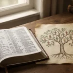 Open Bible and parchment family tree representing Jesus’ genealogy