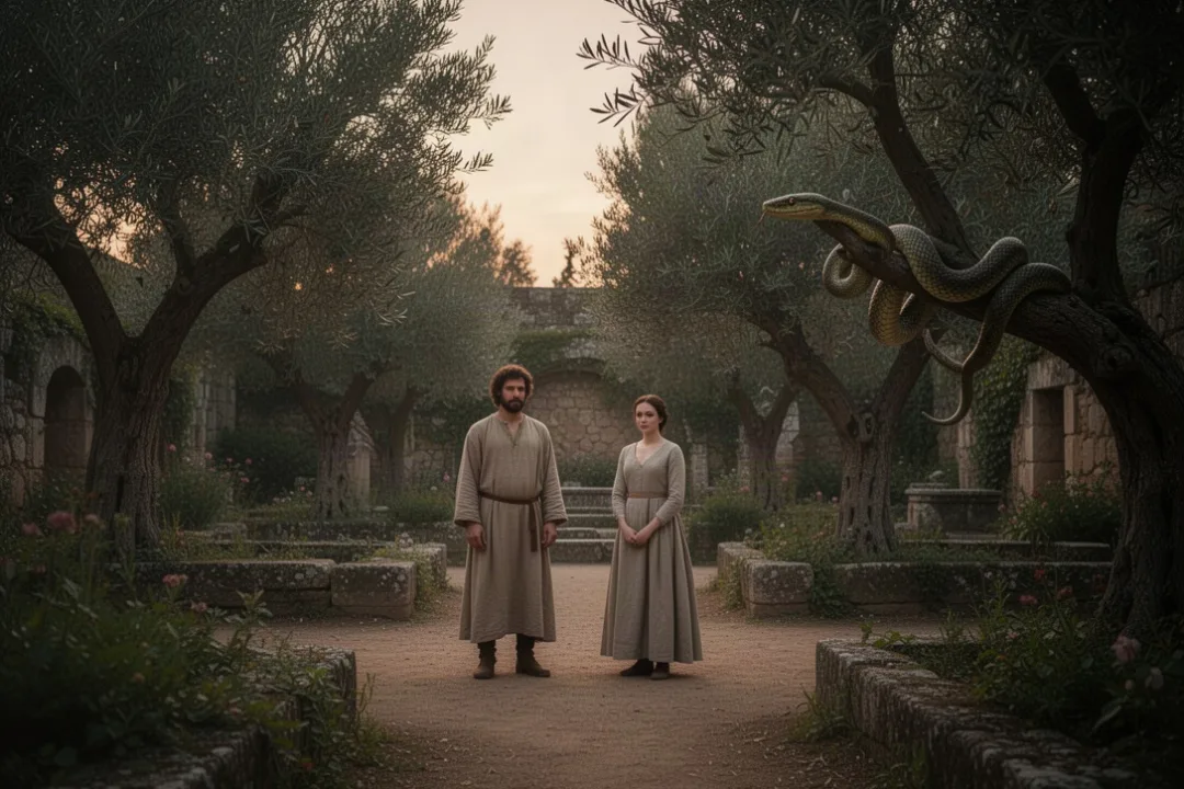 Adam and Eve outside the garden after disobedience